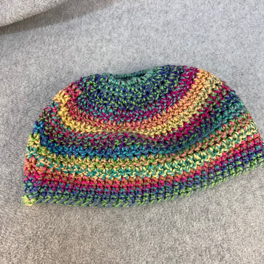 Multicolor Striped Women Multicolor Handmade Beanie Ponytail Messy Bun Hat OS